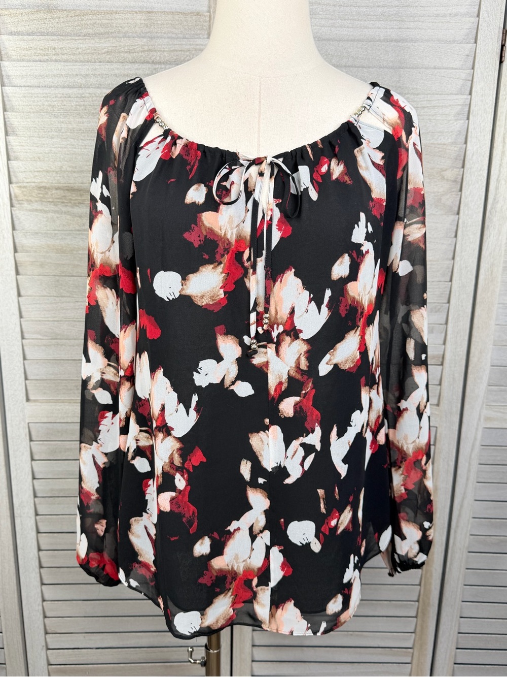 WHITE HOUSE BLACK MARKET Black Floral  Layered Chiffon Blouse with Beading-6